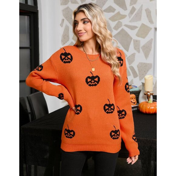 Women's Orange Pumpkin Sweater Crew Neck Long Sleeve Halloween Pullover - Picture 5 of 7